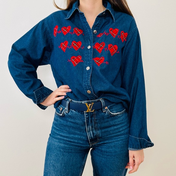 Coldwater Creek Tops - Coldwater Creek denim button down shirt heart embroidered